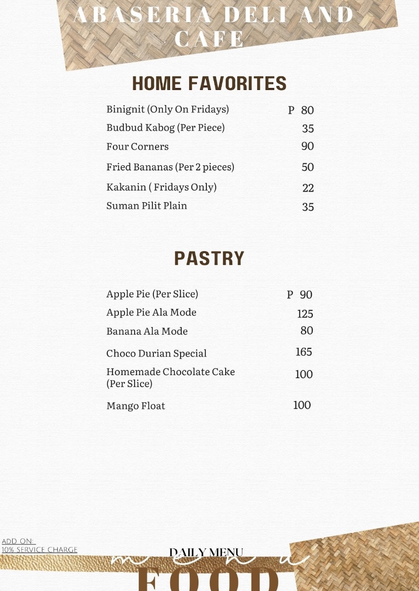 Abaseria Deli & Cafe menu board
