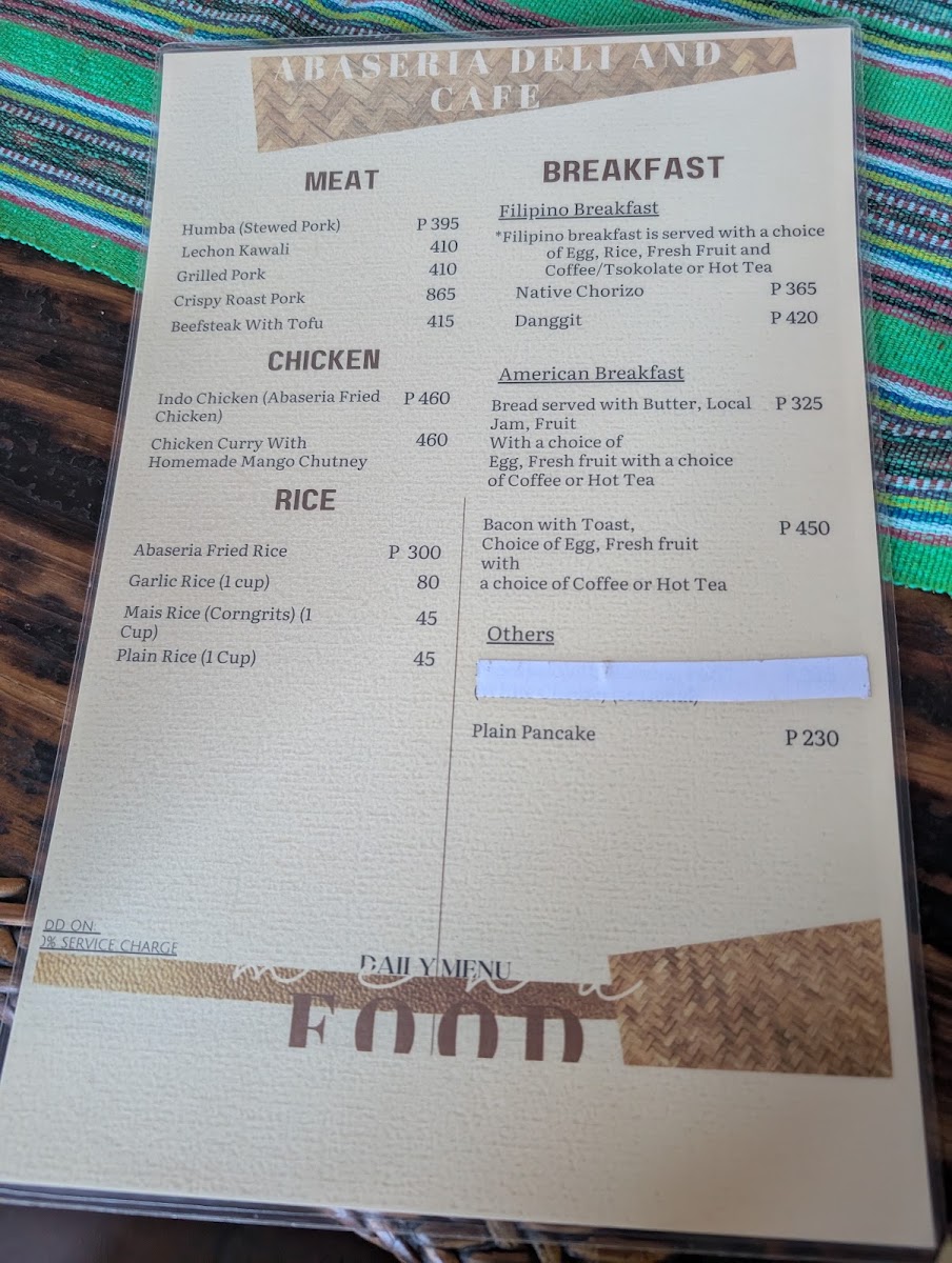 Abaseria Deli & Cafe menu board