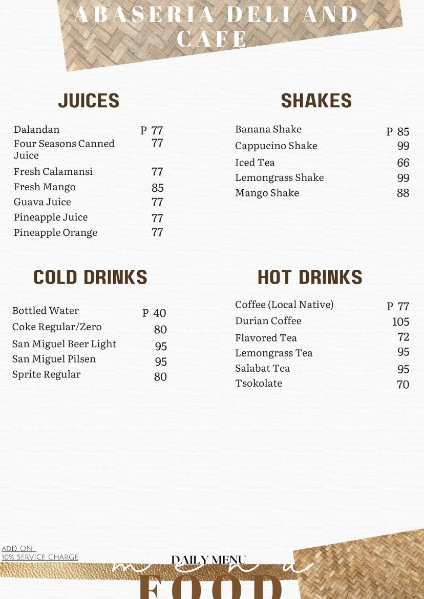 Abaseria Deli & Cafe menu board