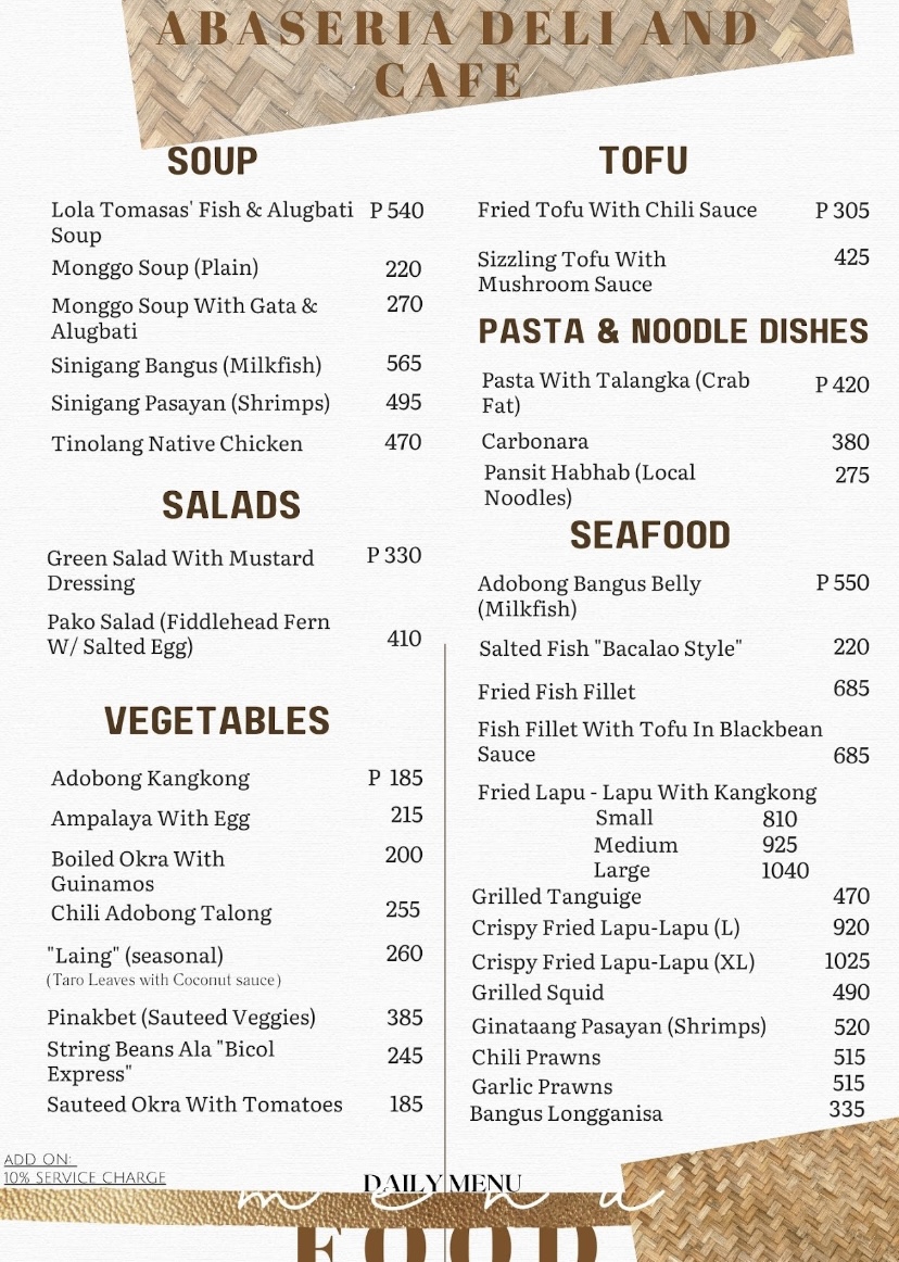 Abaseria Deli & Cafe menu board