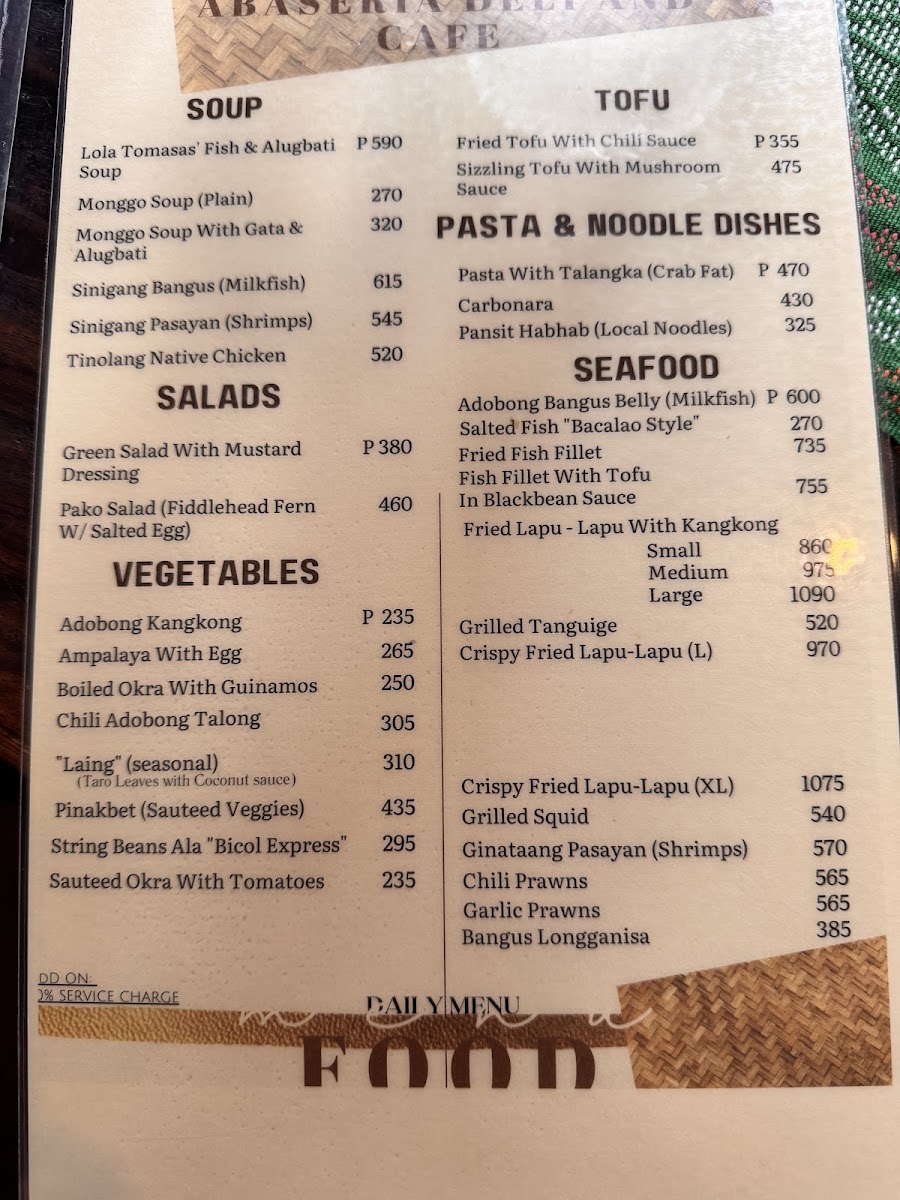 Abaseria Deli & Cafe menu board