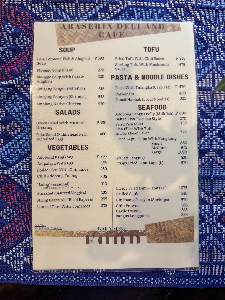 Abaseria Deli & Cafe menu board