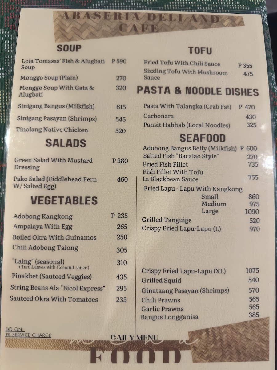 Abaseria Deli & Cafe menu board