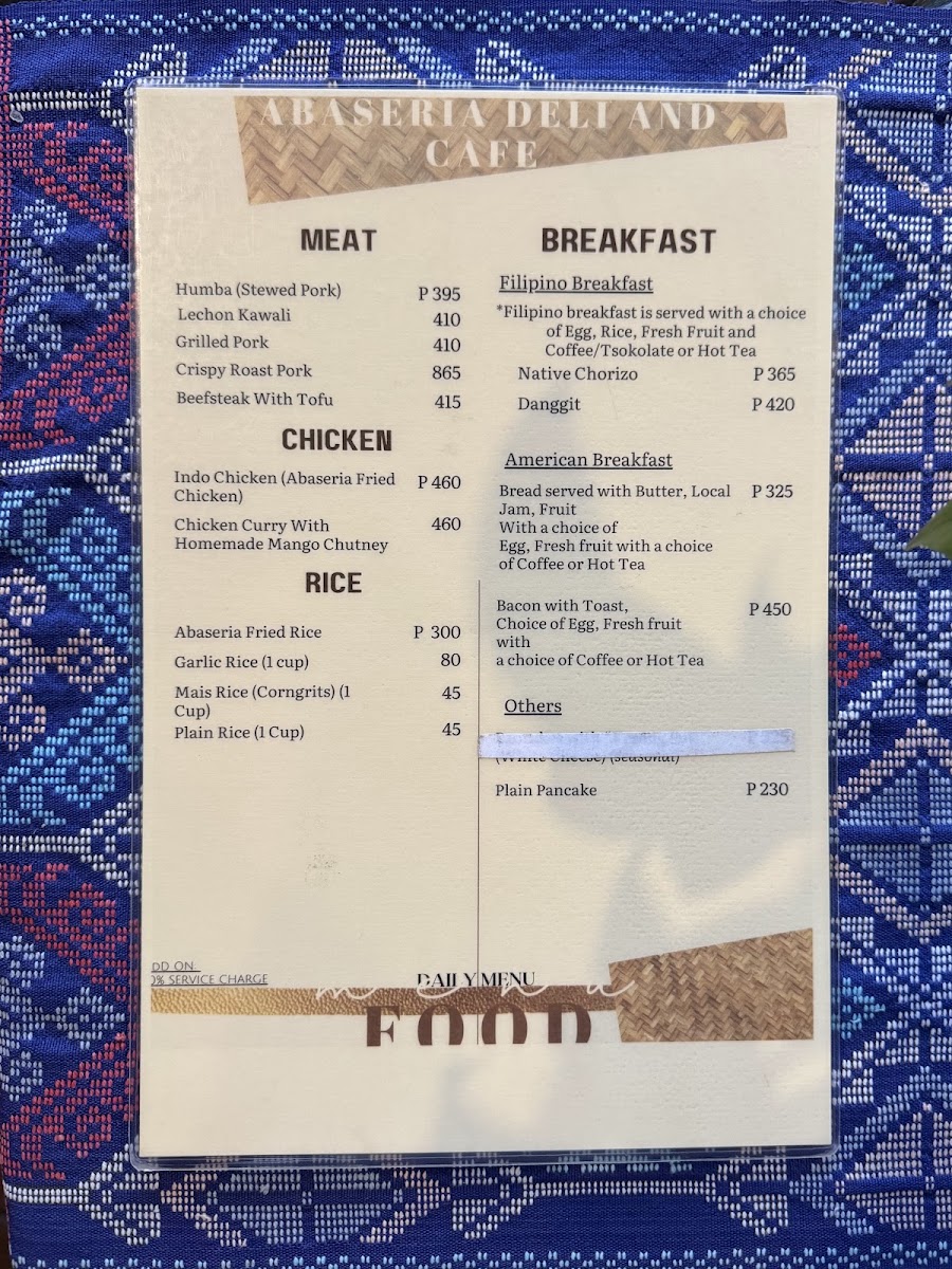 Abaseria Deli & Cafe menu board