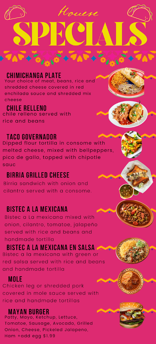 Mayan Kitchen Mexican Taqueria menu board
