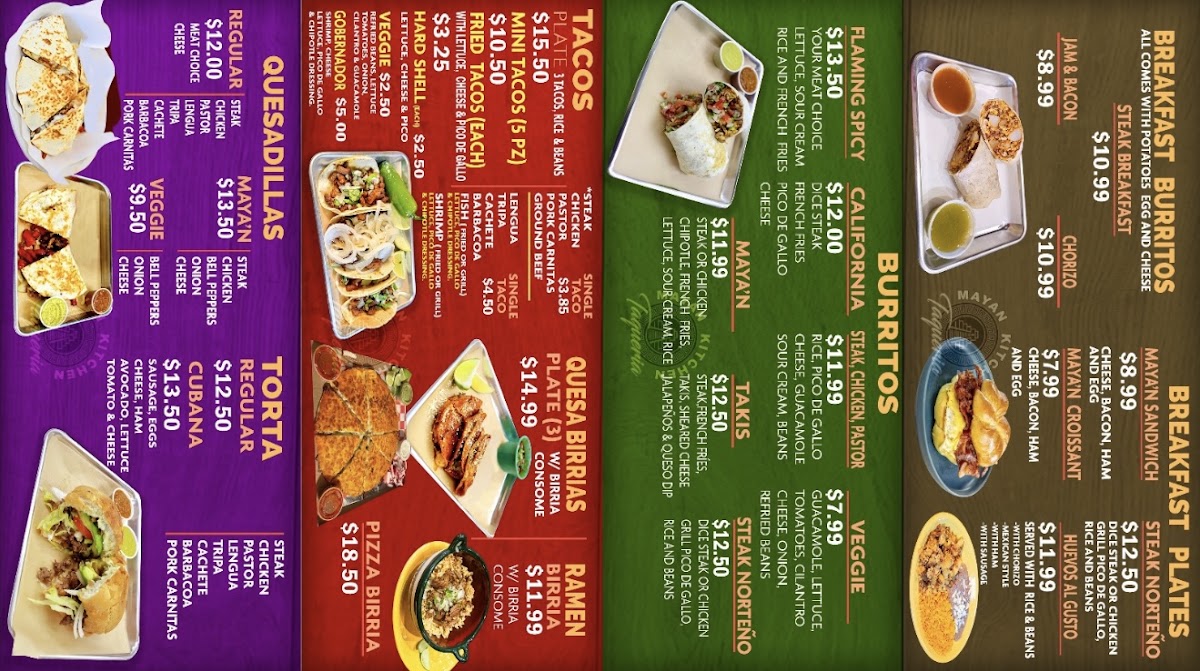 Mayan Kitchen Mexican Taqueria menu board