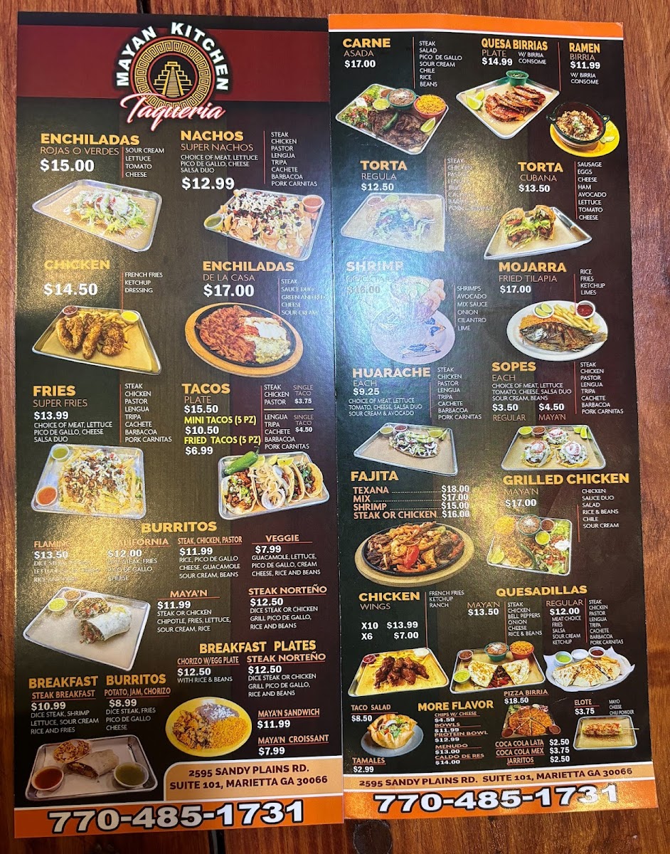 Mayan Kitchen Mexican Taqueria menu board