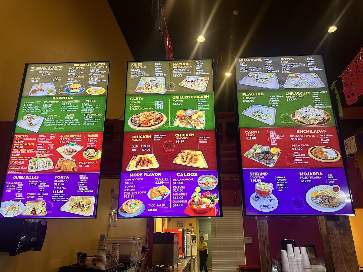 Mayan Kitchen Mexican Taqueria menu board