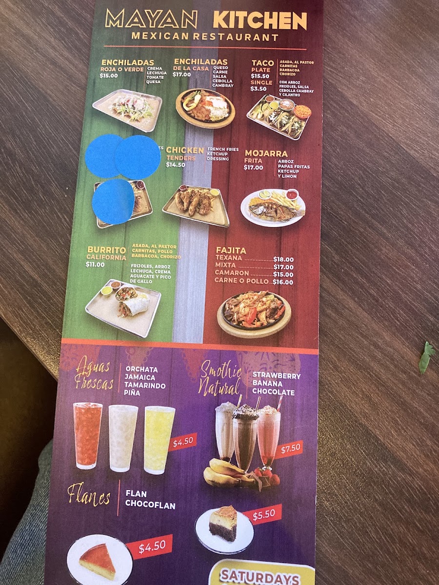 Mayan Kitchen Mexican Taqueria menu board