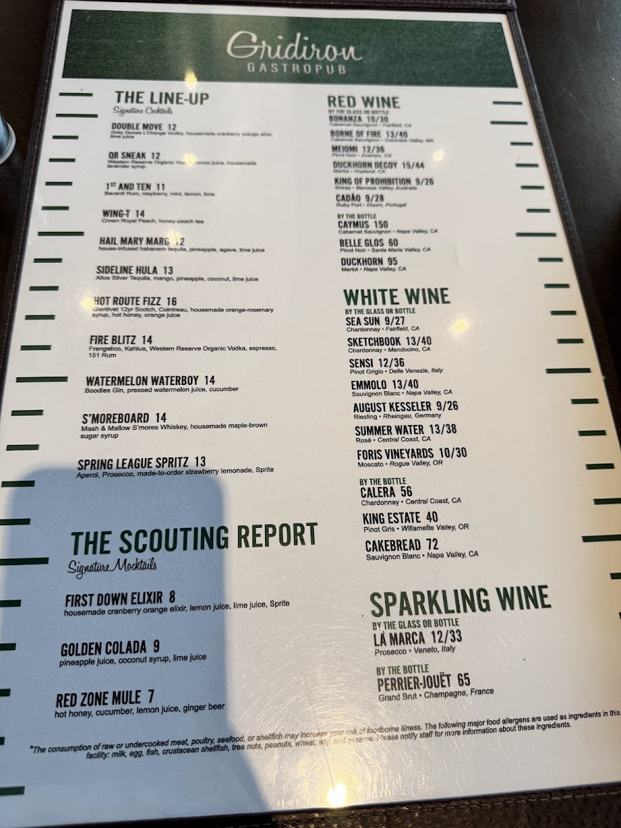 Gridiron Gastropub menu board