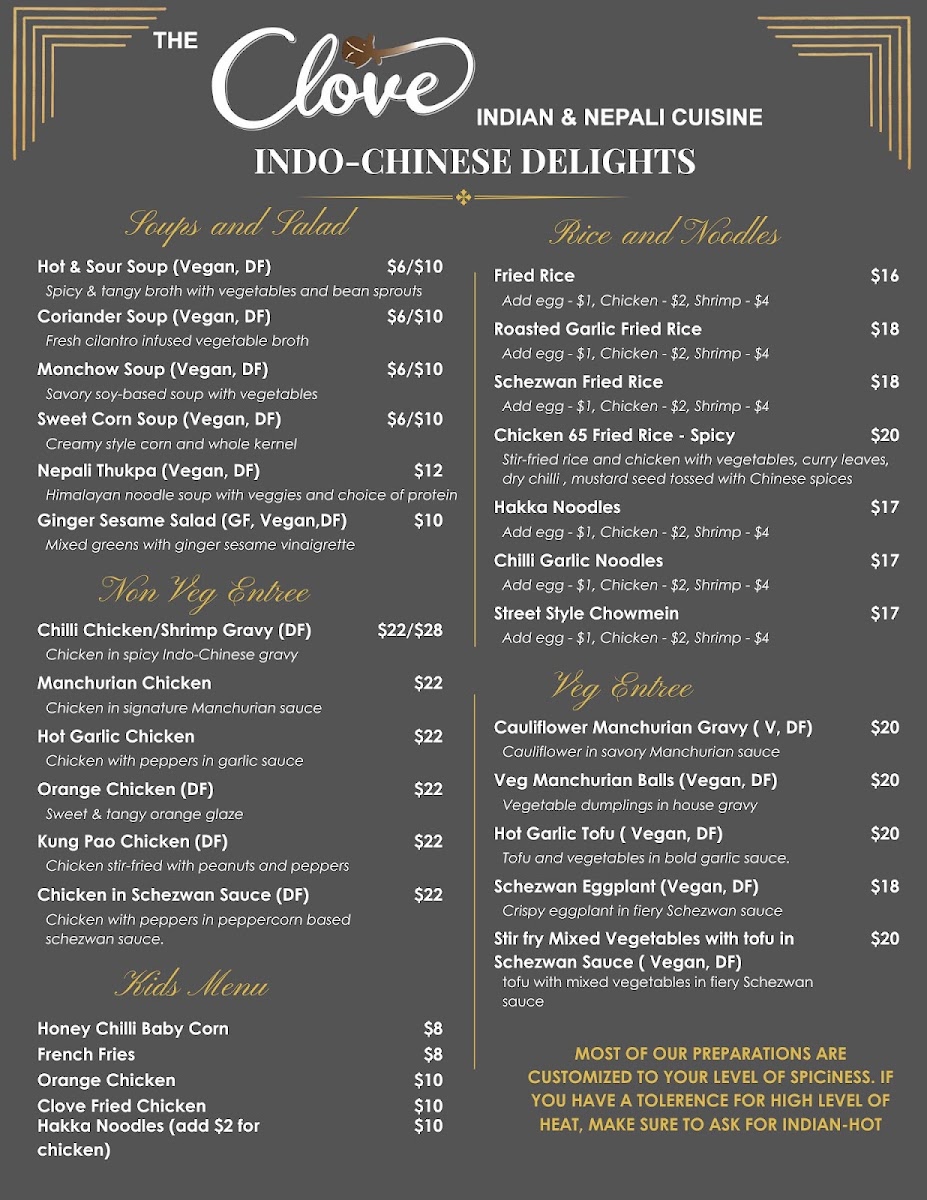 The Clove Indian and Nepali Cuisine menu board