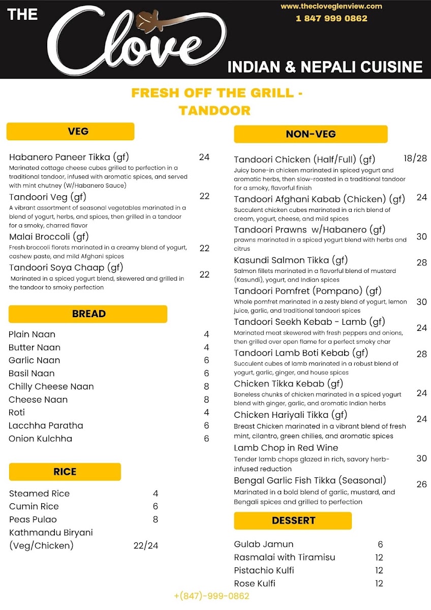 The Clove Indian and Nepali Cuisine menu board