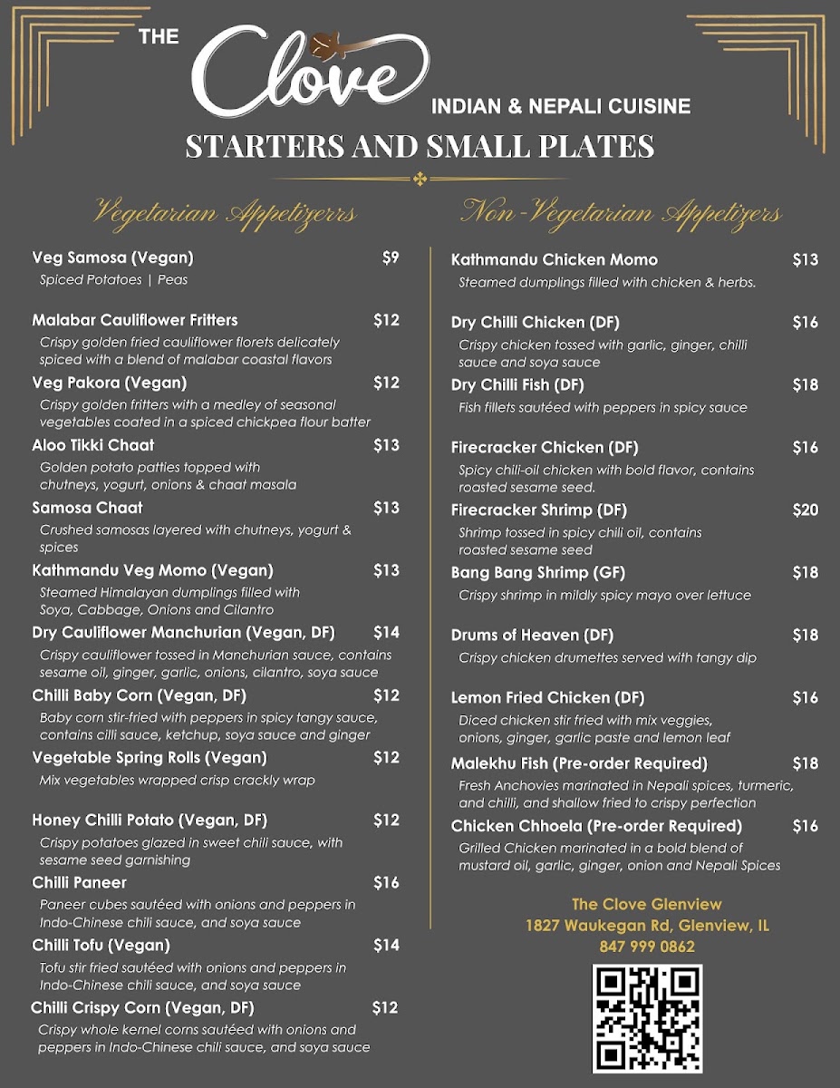 The Clove Indian and Nepali Cuisine menu board