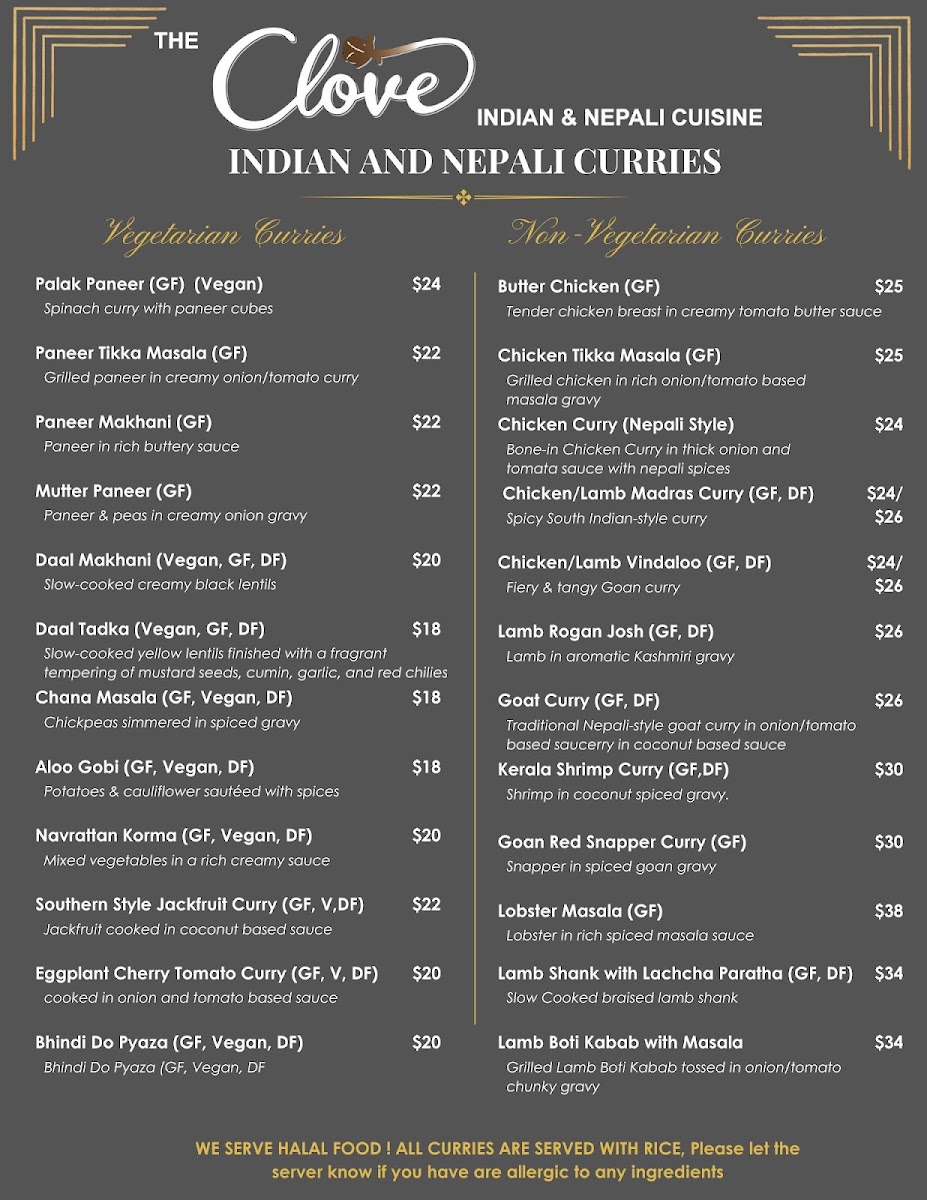 The Clove Indian and Nepali Cuisine menu board