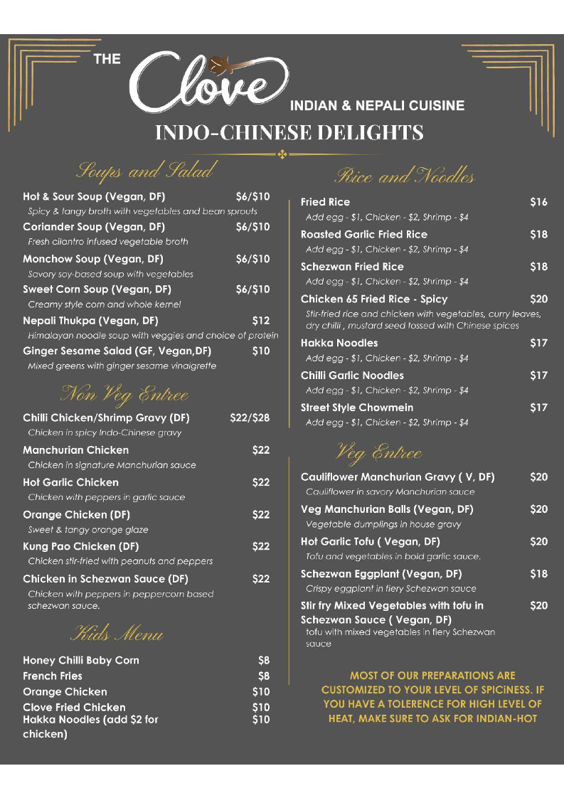 The Clove Indian and Nepali Cuisine menu board