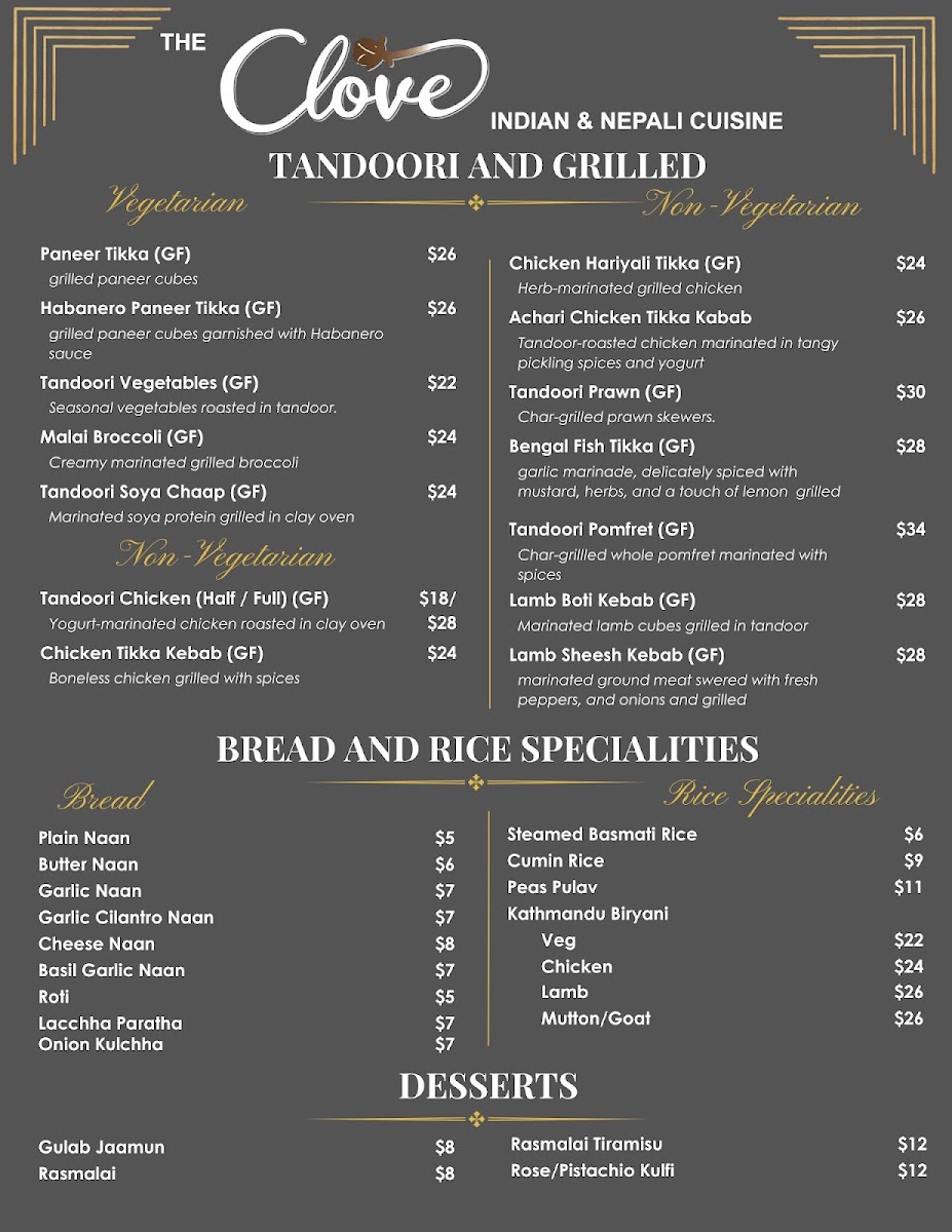 The Clove Indian and Nepali Cuisine menu board
