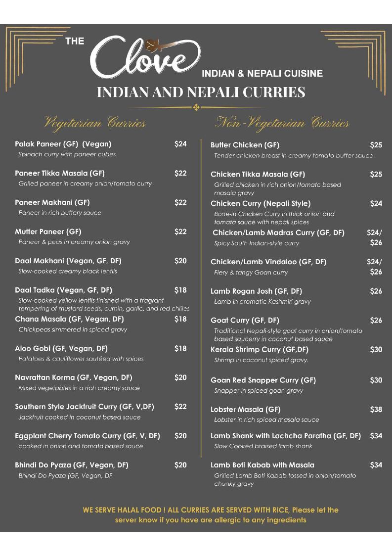 The Clove Indian and Nepali Cuisine menu board