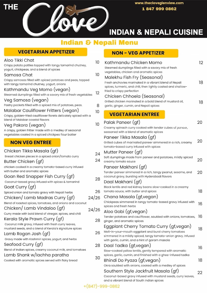 The Clove Indian and Nepali Cuisine menu board