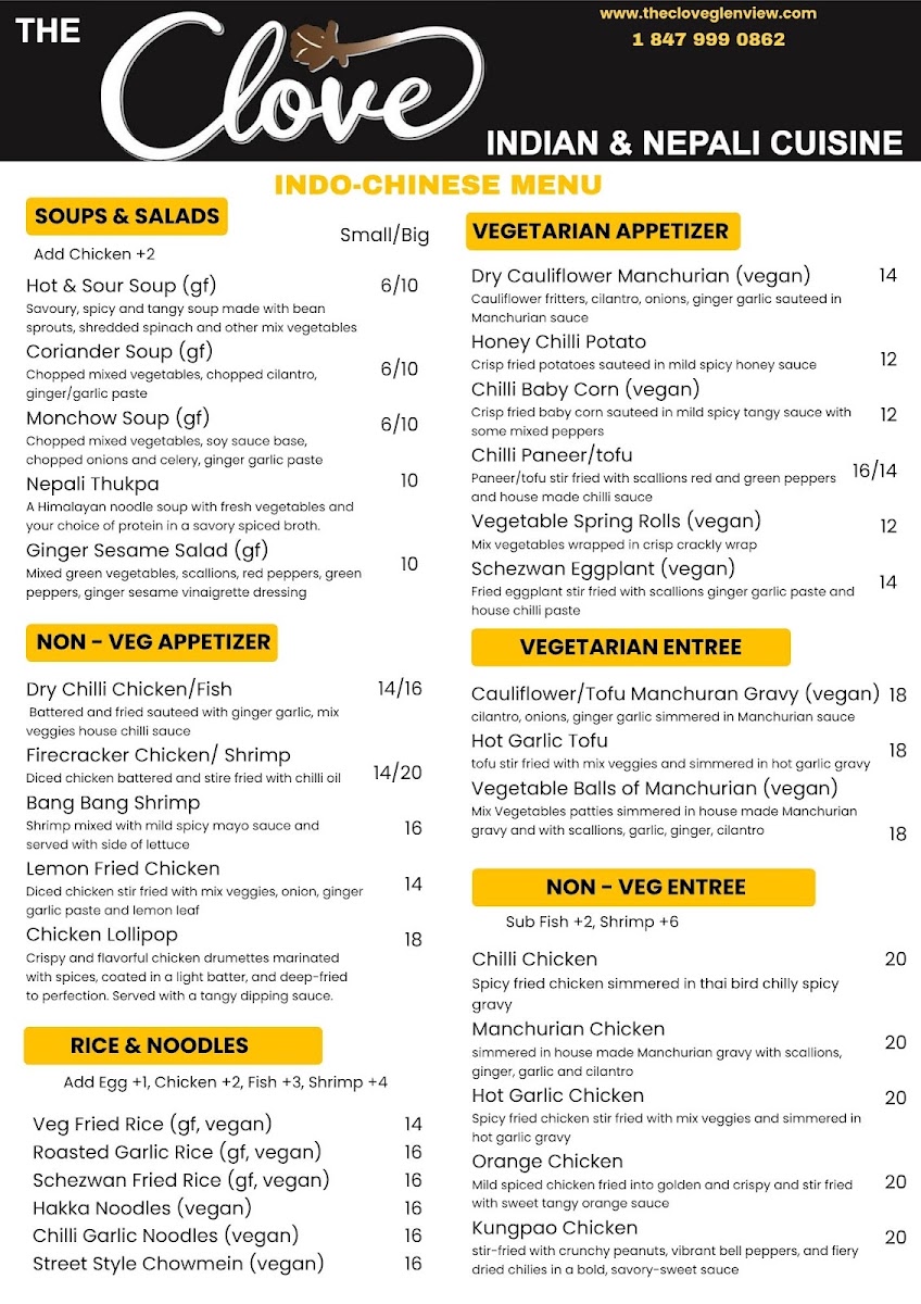 The Clove Indian and Nepali Cuisine menu board