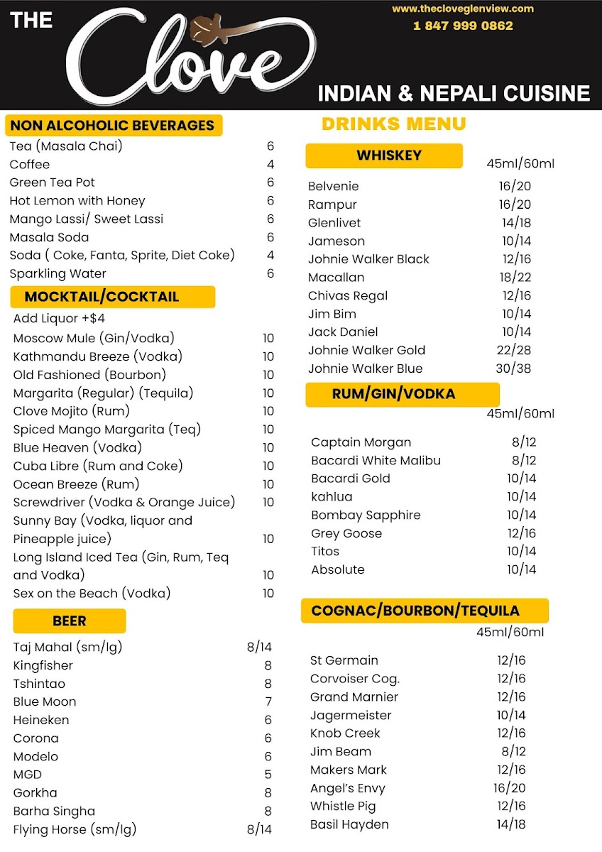 The Clove Indian and Nepali Cuisine menu board