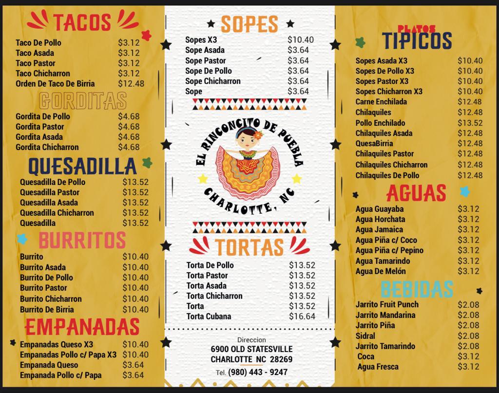 El Rinconcito de Puebla menu board