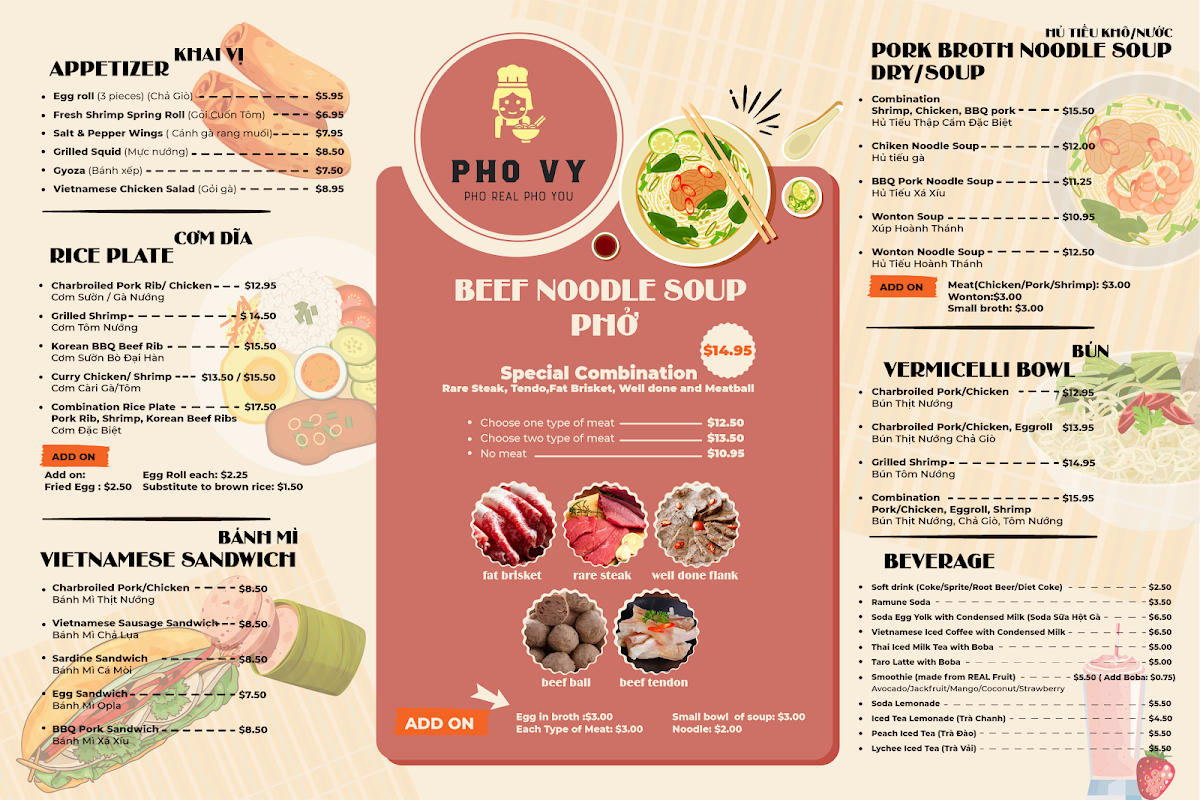 Pho Vy menu board