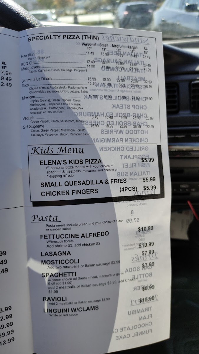 GH Pizza's menu board