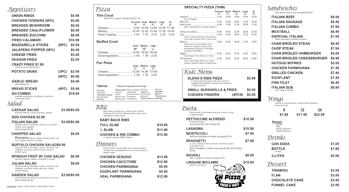 GH Pizza's menu board