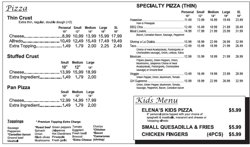 GH Pizza's menu board