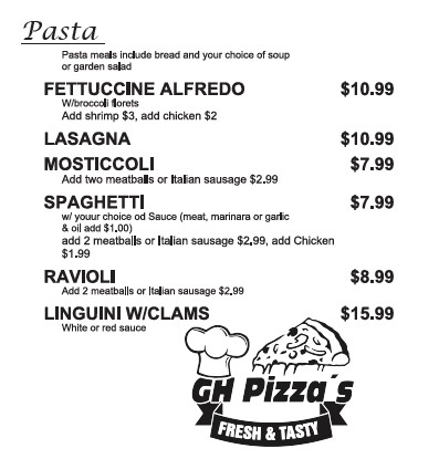 GH Pizza's menu board
