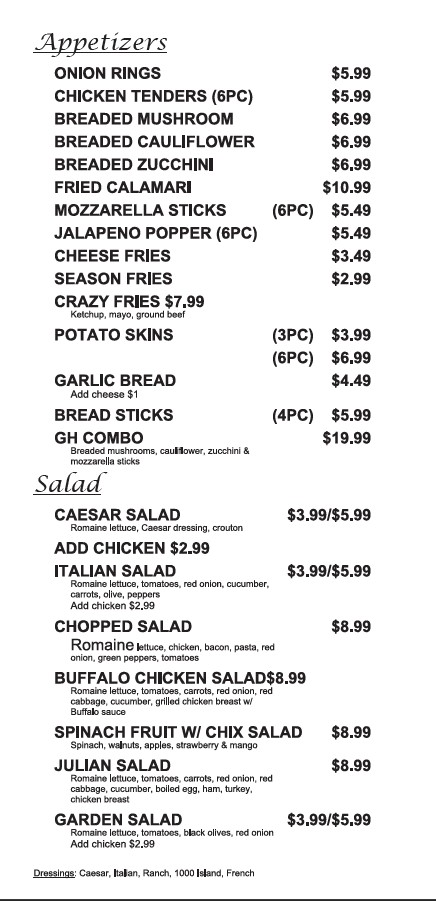 GH Pizza's menu board