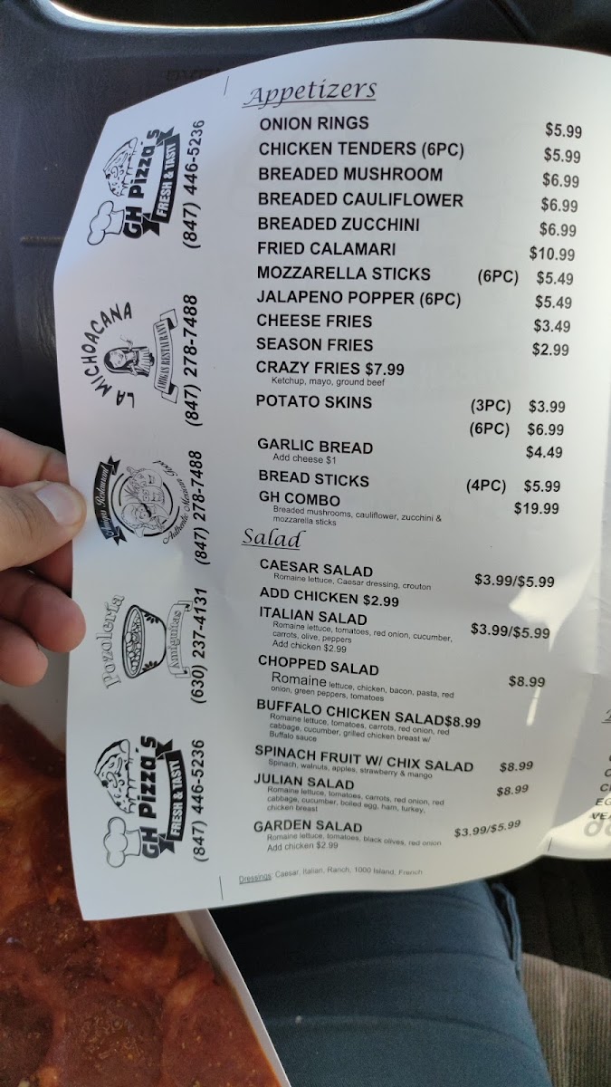 GH Pizza's menu board