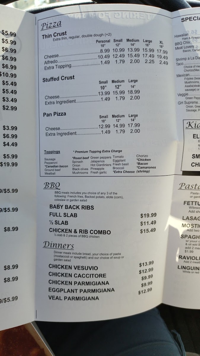GH Pizza's menu board