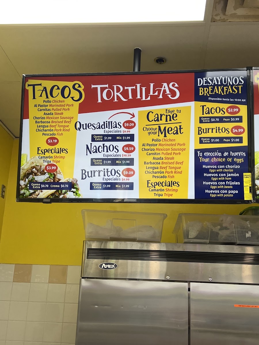 Tacos Tortillas Y Mas menu board