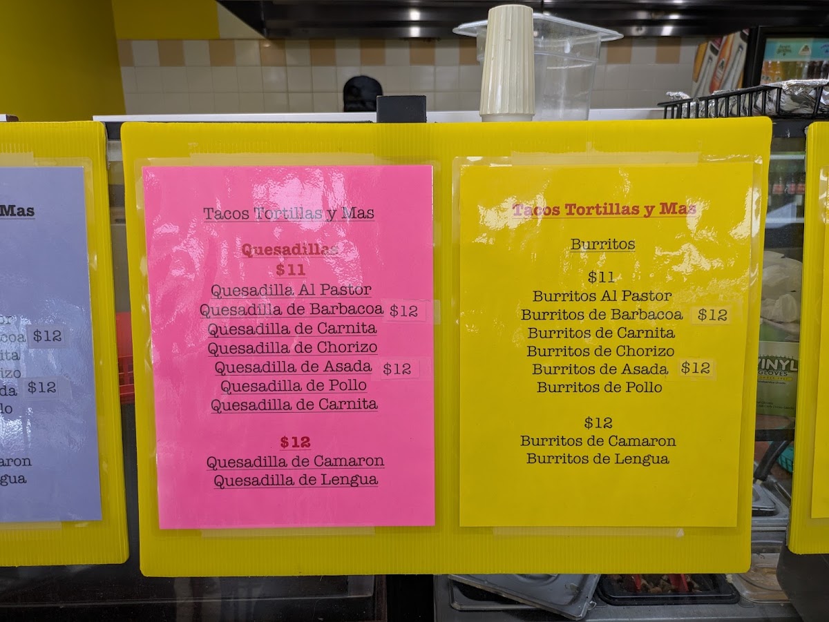 Tacos Tortillas Y Mas menu board