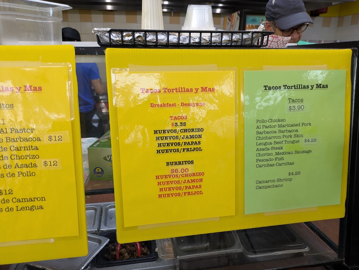 Tacos Tortillas Y Mas menu board