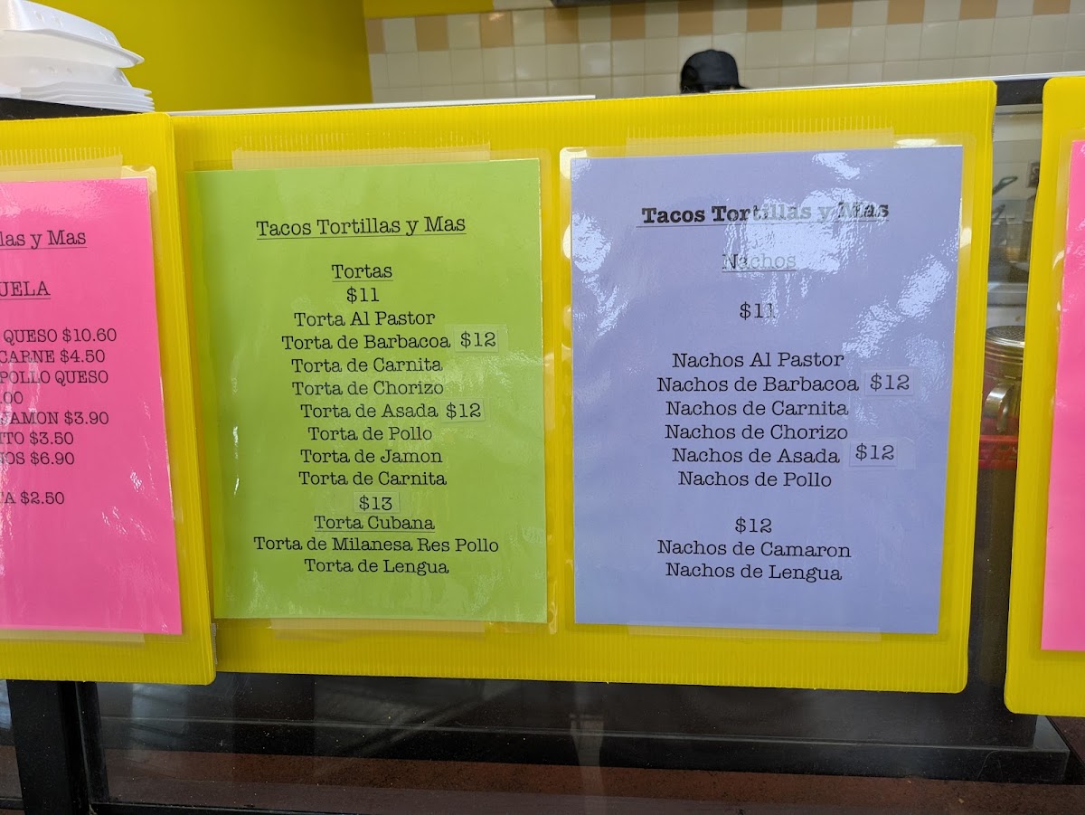 Tacos Tortillas Y Mas menu board