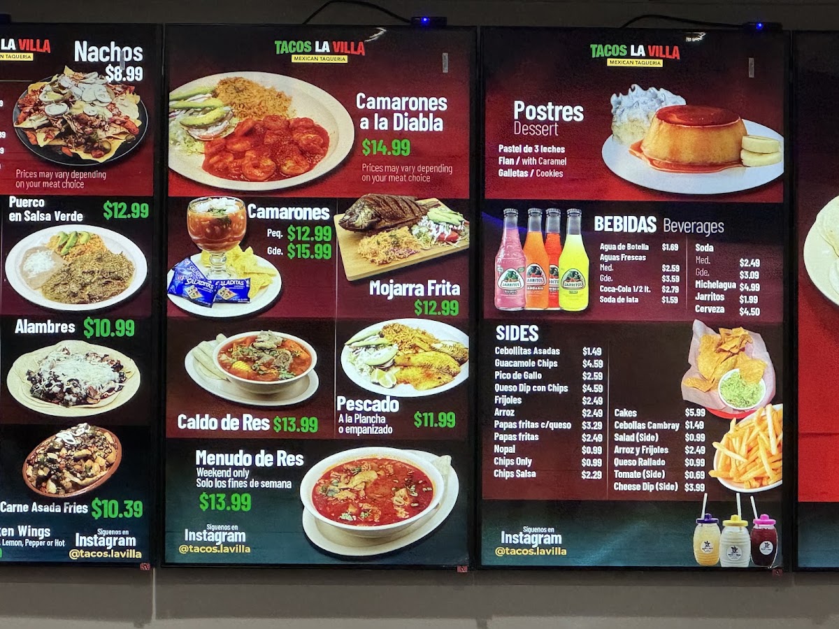 Tacos La Villa menu board