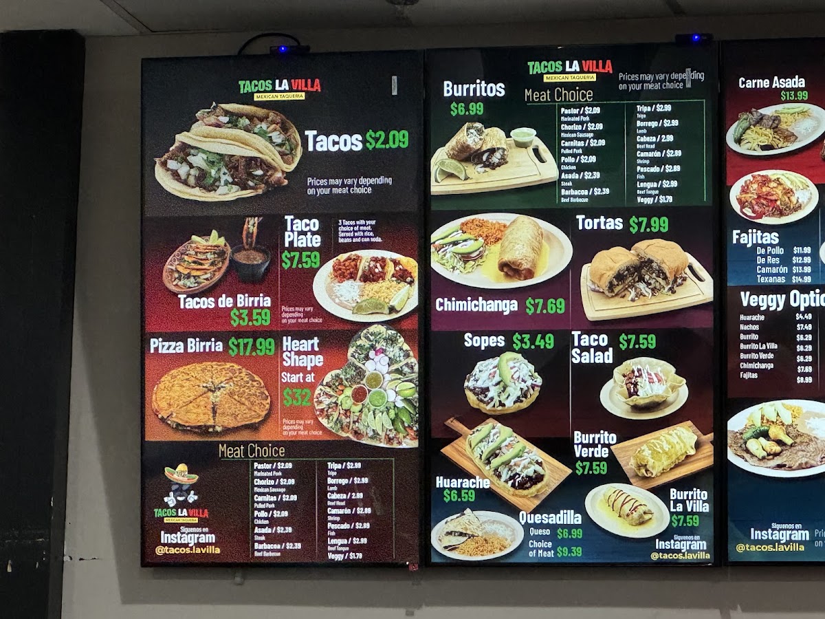 Tacos La Villa menu board