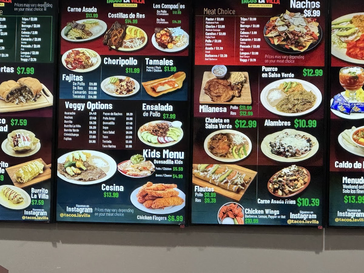 Tacos La Villa menu board