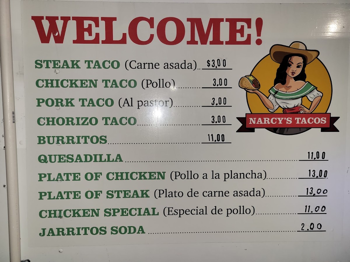 Narcys tacos menu board