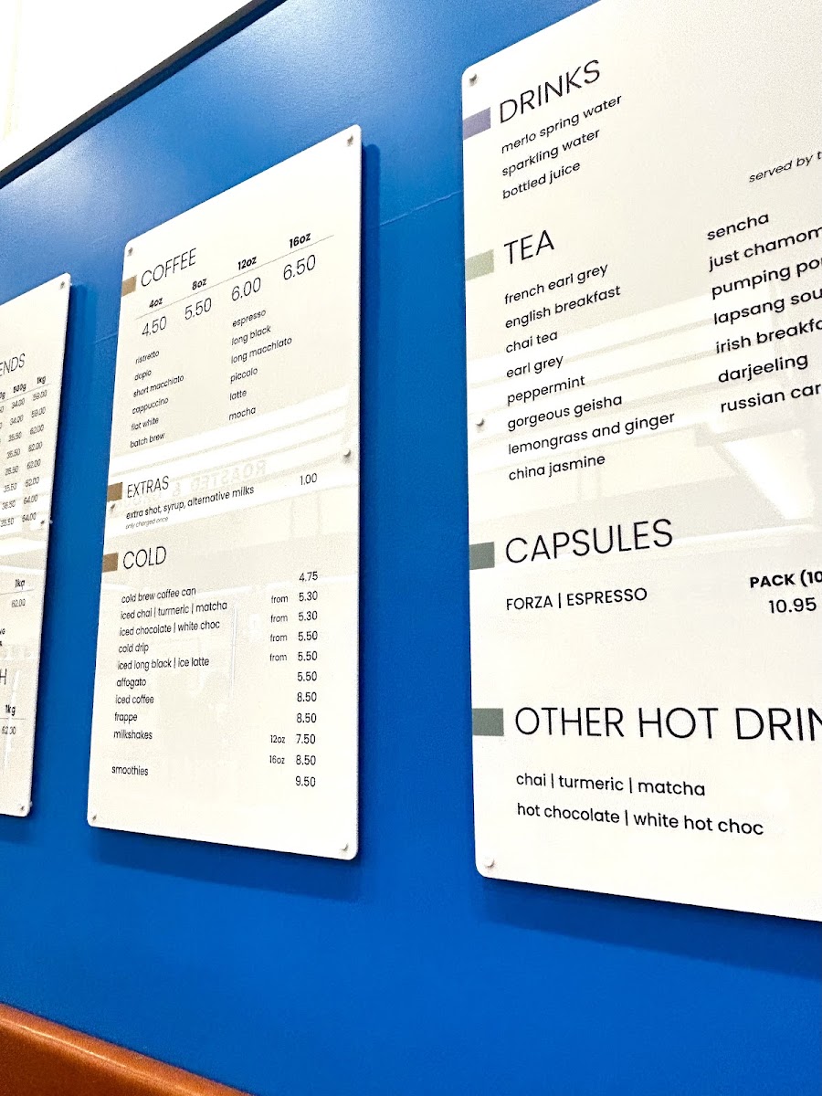 Merlo Coffee Cafe Southport menu board