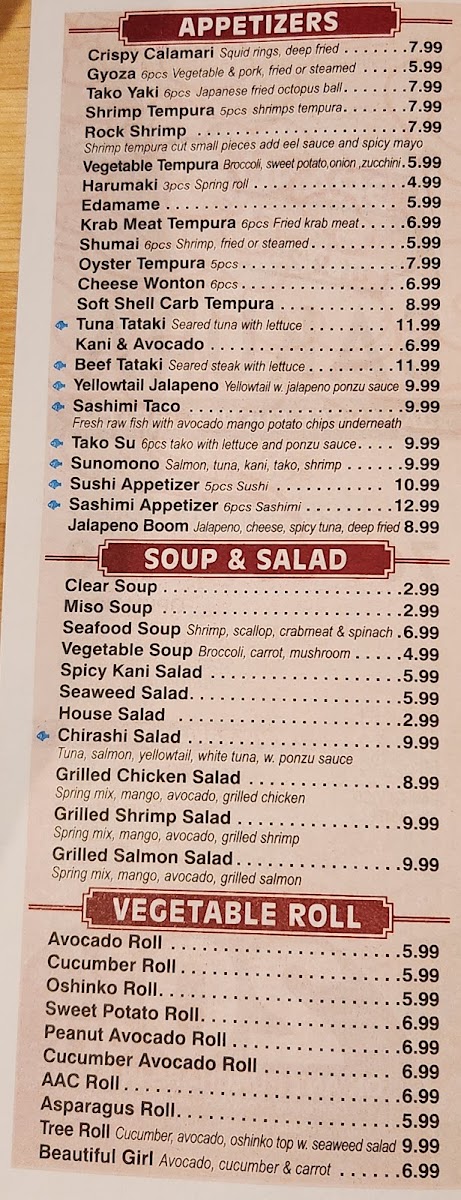 Sakura Japanese Sushi and Hibachi menu board
