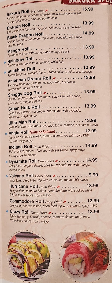 Sakura Japanese Sushi and Hibachi menu board