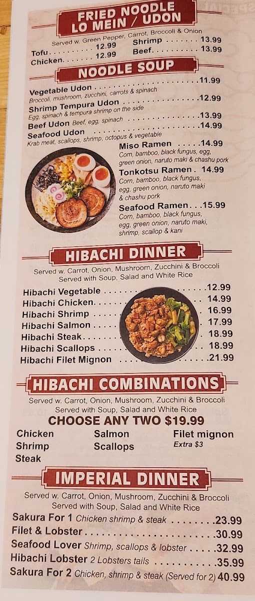 Sakura Japanese Sushi and Hibachi menu board