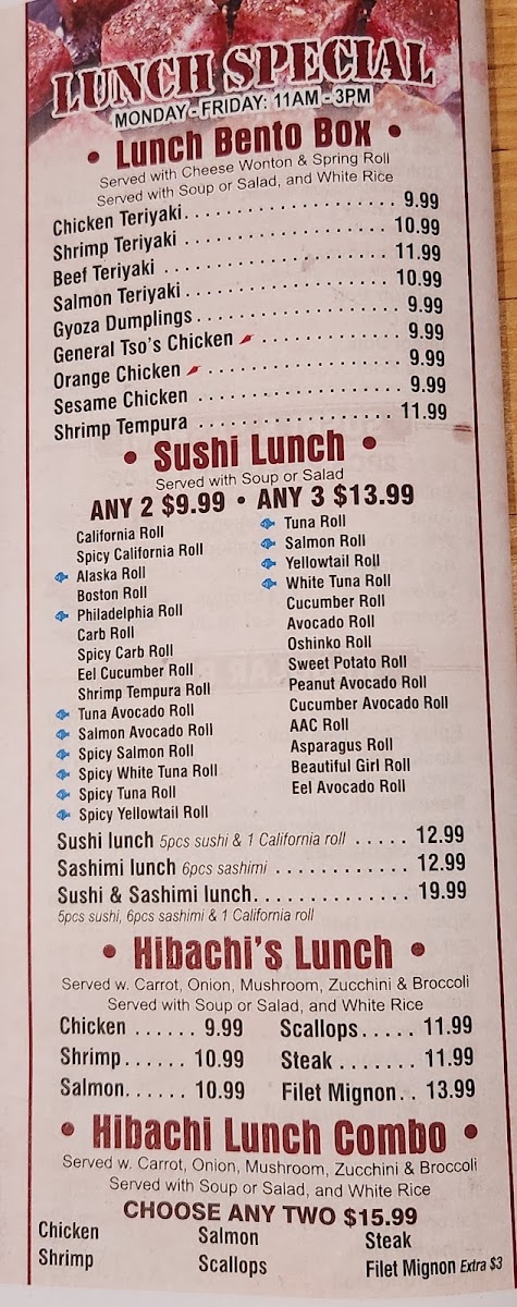 Sakura Japanese Sushi and Hibachi menu board