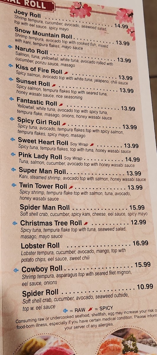 Sakura Japanese Sushi and Hibachi menu board