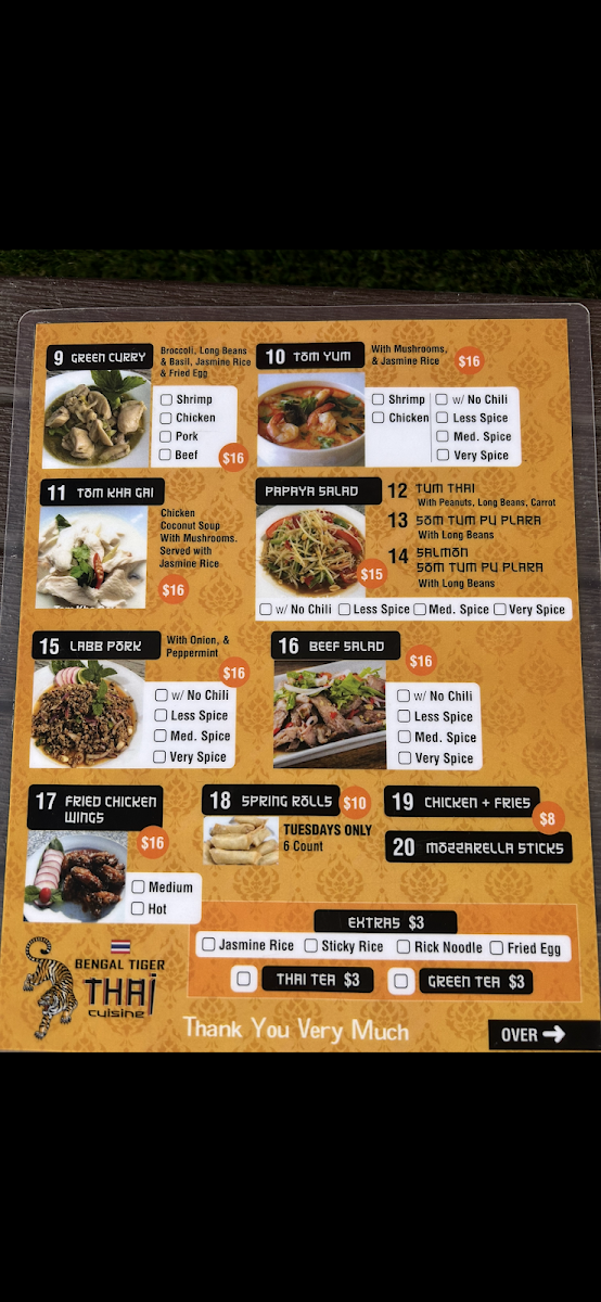 Bengal Tiger Thai Cuisine menu board