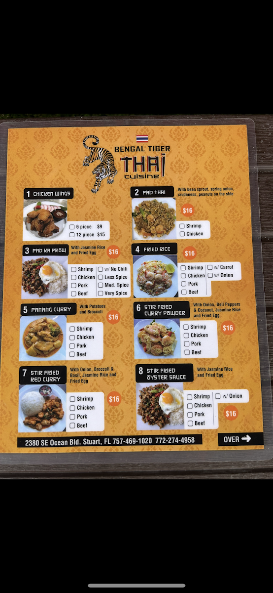 Bengal Tiger Thai Cuisine menu board