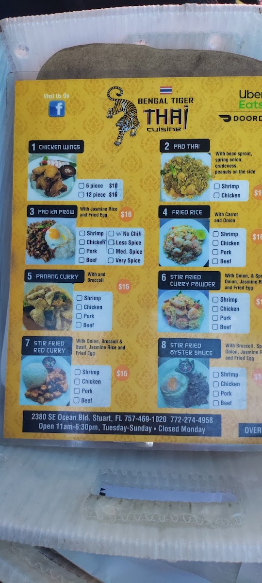 Bengal Tiger Thai Cuisine menu board
